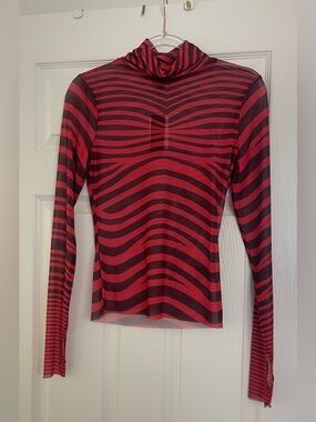 AFRM Red and Black Striped Sheer Mock Neck Long Sleeve Top
